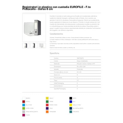 Registratore con custodia Esselte G55 Eurofile protocollo dorso 8 cm cartone rivestito in PP grigio metal. 390755970